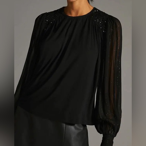 Anthropologie Bl-nk Top Sequin Embellished Blouse M NWT Black Shimmering - Picture 4 of 7